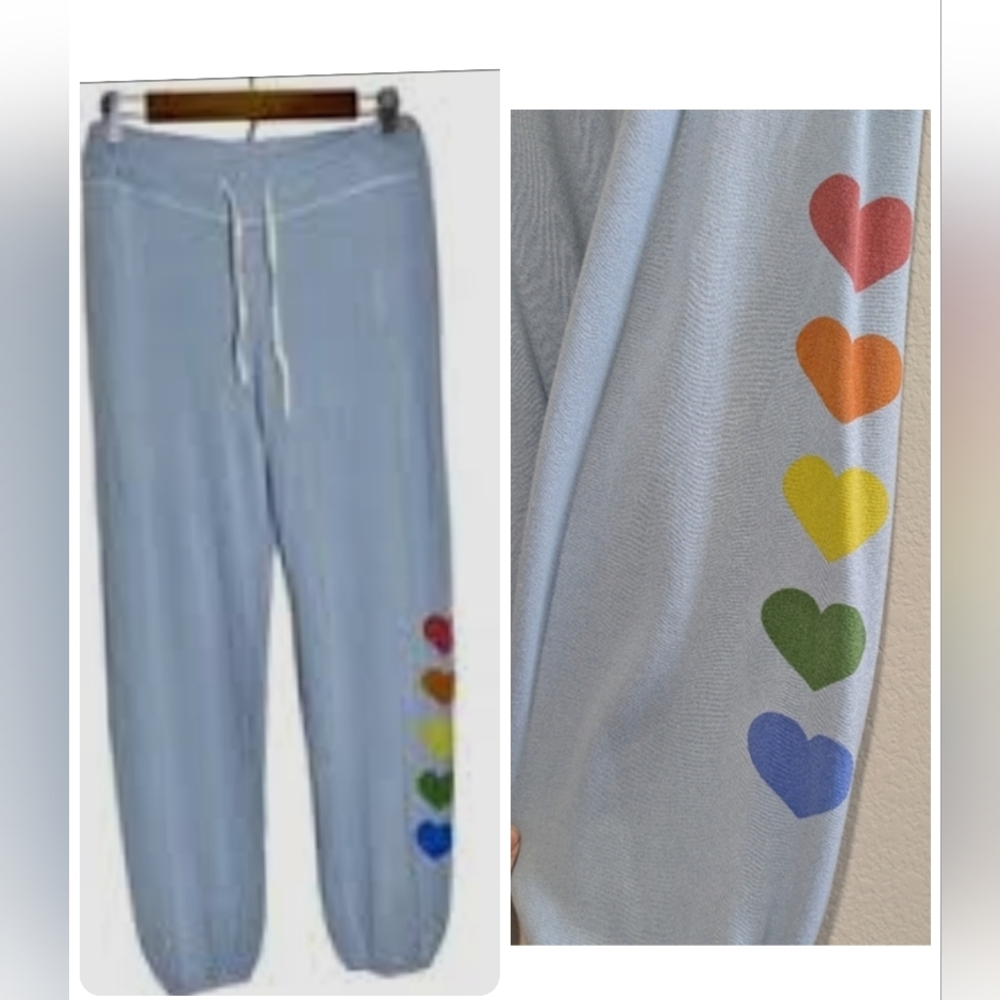 Sundry Light Baby Blue Joggers with Rainbow Hearts Detail Down Left Leg 2